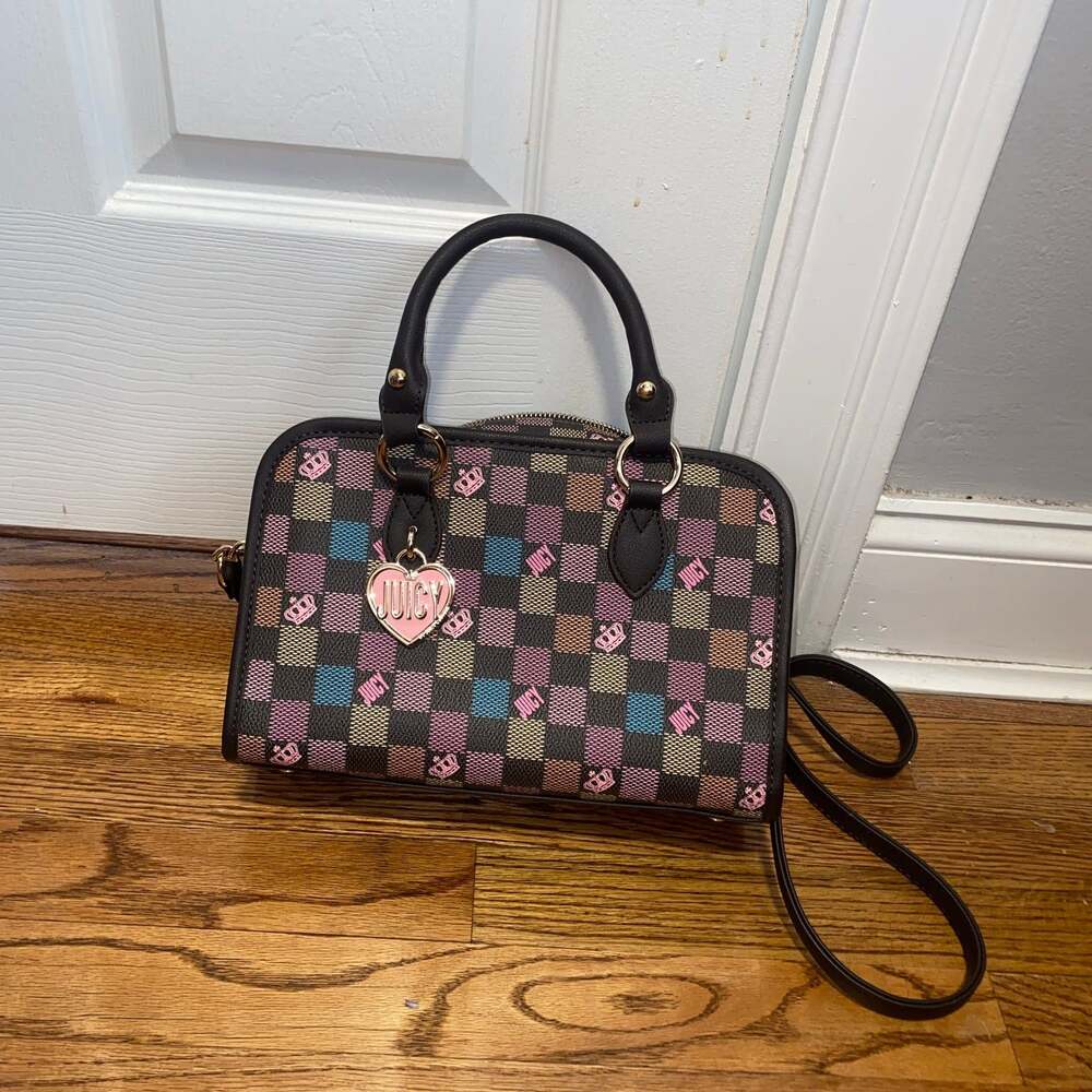 Juicy Couture Checkmate Satchel Brown Multi Heart Charm Handbag